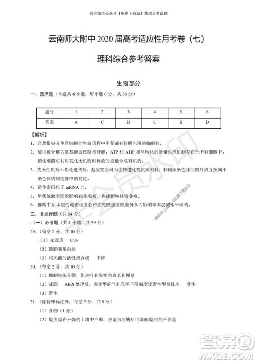 云南师大附中2022届高考适应性月考卷二理科综合试卷及答案