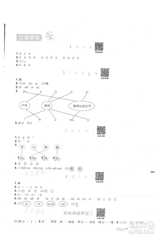 江西教育出版社2021阳光同学课时优化作业一年级上册语文人教版菏泽专版参考答案