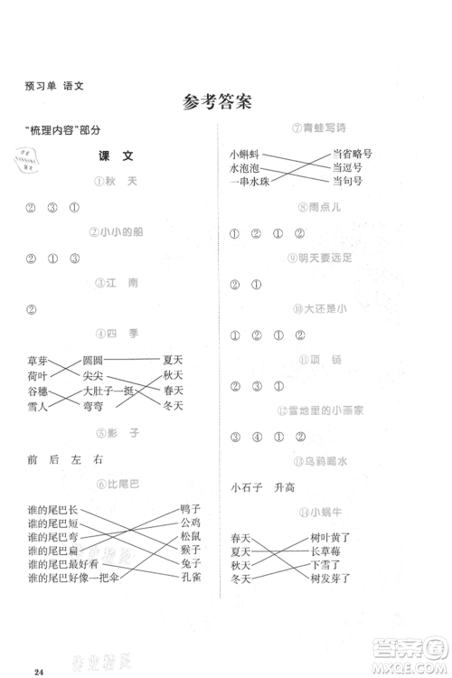 江西教育出版社2021阳光同学课时优化作业一年级上册语文人教版菏泽专版参考答案