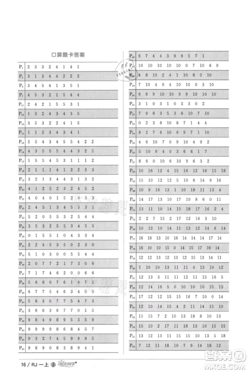 福建少年儿童出版社2021阳光同学课时优化作业一年级上册数学人教版福建专版参考答案