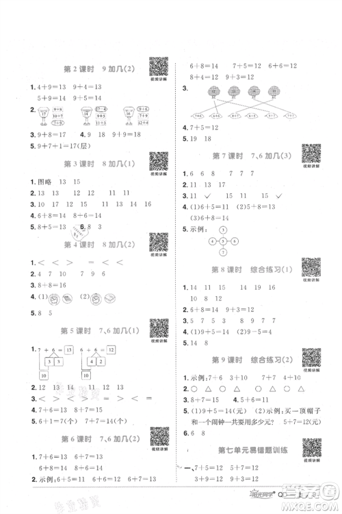 江西教育出版社2021阳光同学课时优化作业一年级上册数学青岛版参考答案