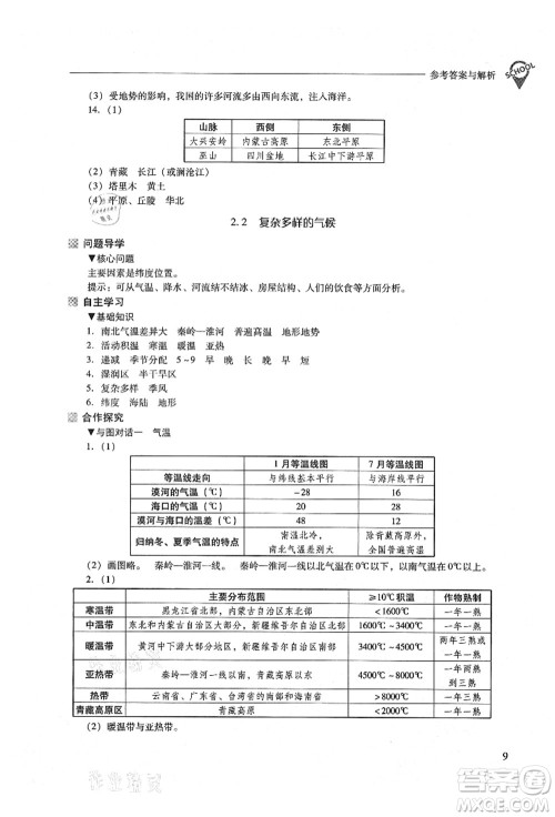 山西教育出版社2021新课程问题解决导学方案八年级地理上册晋教版答案