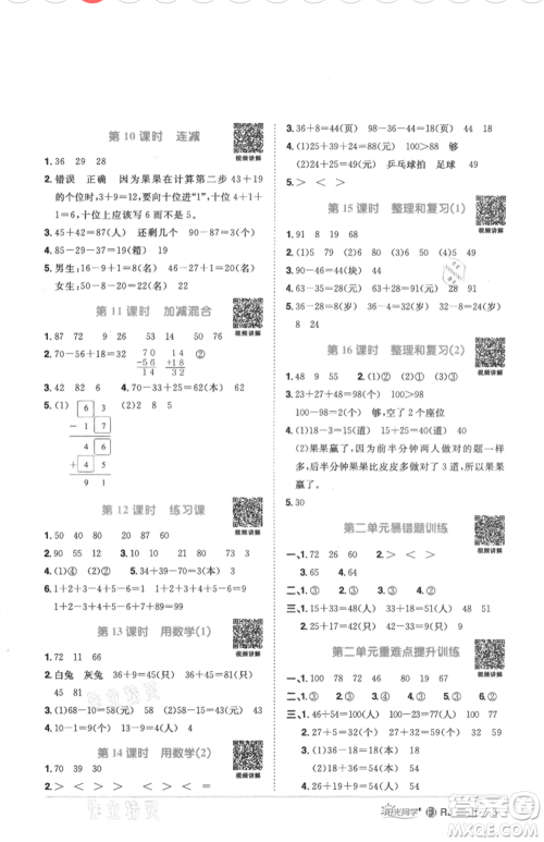 福建少年儿童出版社2021阳光同学课时优化作业二年级上册数学人教版福建专版参考答案