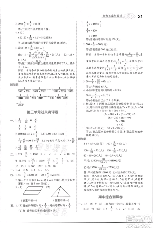 南京师范大学出版社2021一遍过六年级上册数学苏教版参考答案