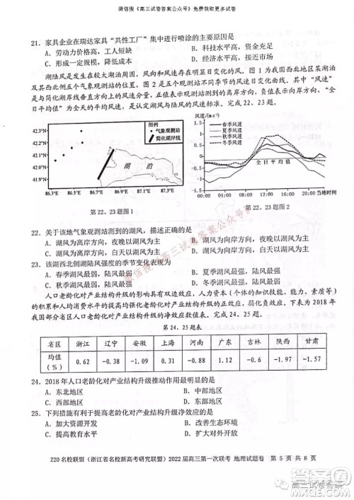 浙江省Z20名校联盟2022届高三第一次联考地理试卷及答案