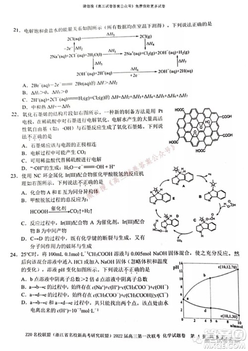 浙江省Z20名校联盟2022届高三第一次联考化学试卷及答案