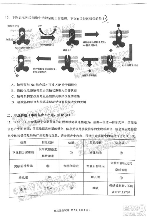 泉州市2022届高中毕业班质量监测一高三生物试题及答案