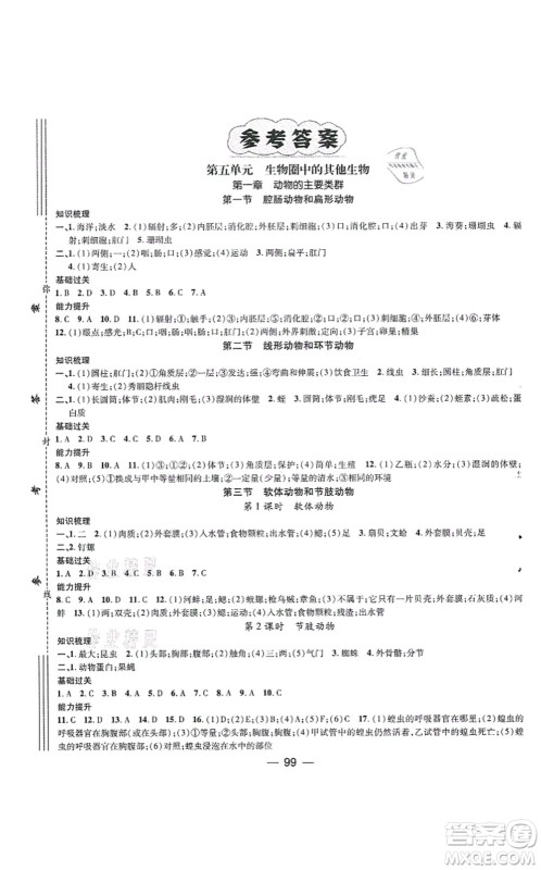 江西教育出版社2021名师测控八年级生物上册RJ人教版答案