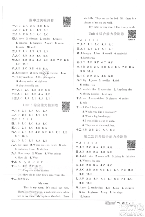江西教育出版社2021阳光同学课时优化作业四年级上册英语译林版参考答案
