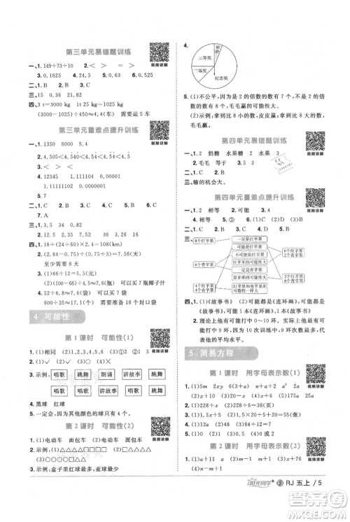 福建少年儿童出版社2021阳光同学课时优化作业五年级上册数学人教版福建专版参考答案