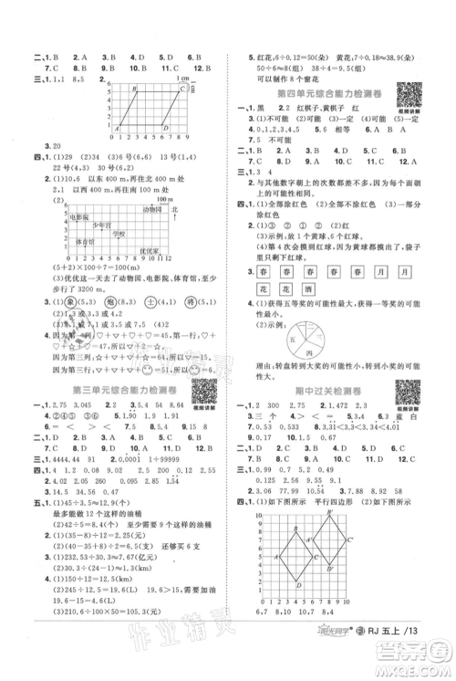 福建少年儿童出版社2021阳光同学课时优化作业五年级上册数学人教版福建专版参考答案