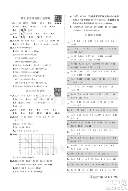 福建少年儿童出版社2021阳光同学课时优化作业五年级上册数学人教版福建专版参考答案