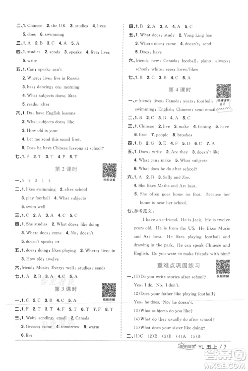 江西教育出版社2021阳光同学课时优化作业五年级上册英语译林版参考答案