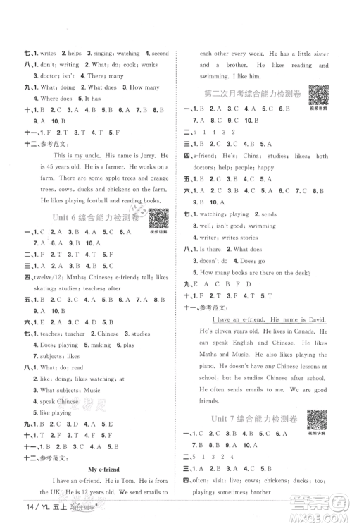 江西教育出版社2021阳光同学课时优化作业五年级上册英语译林版参考答案