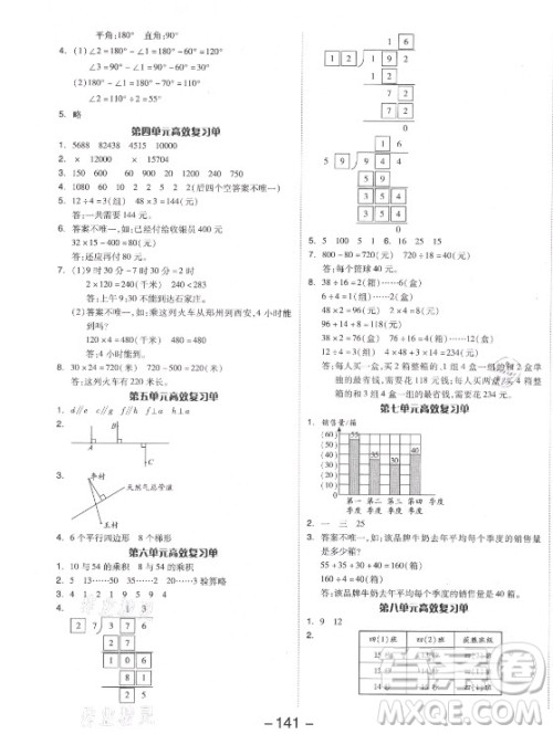 开明出版社2021全品学练考数学四年级上册RJ人教版答案