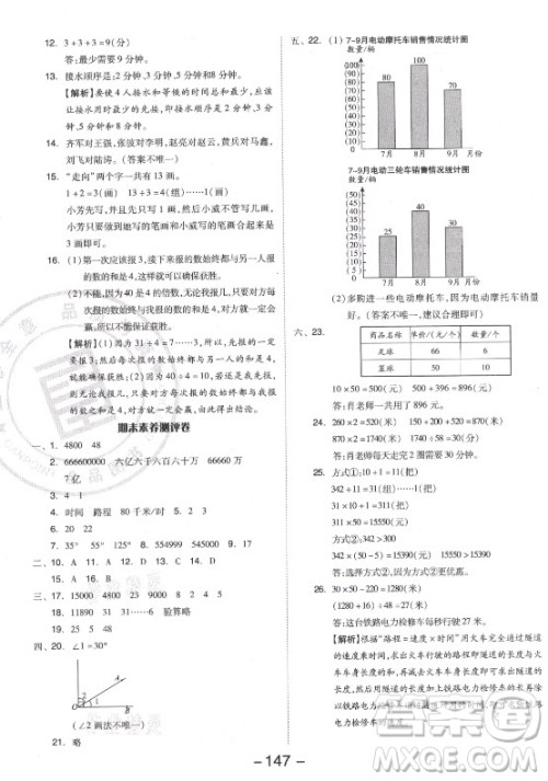 开明出版社2021全品学练考数学四年级上册RJ人教版答案