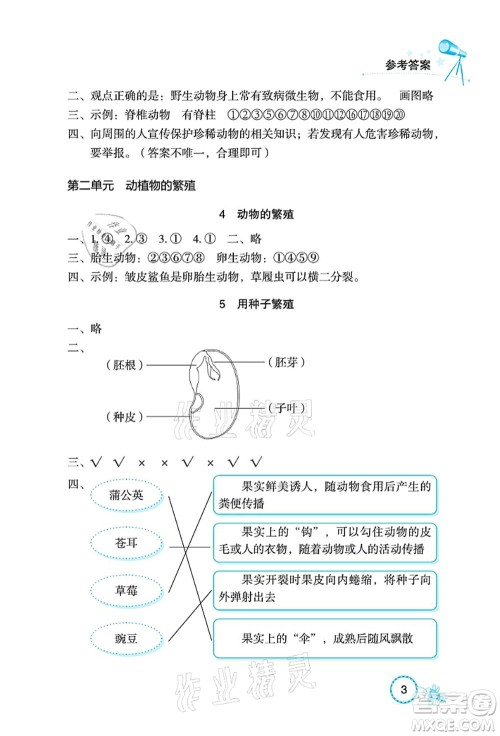 湖北教育出版社2021长江作业本课堂作业四年级科学上册人教鄂教版答案