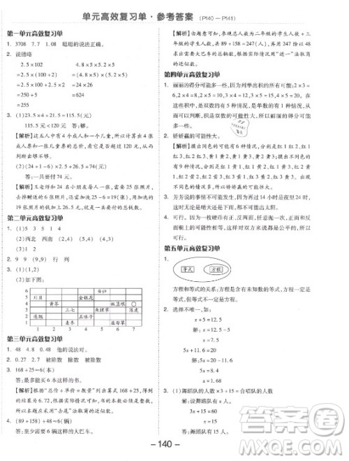 开明出版社2021全品学练考数学五年级上册RJ人教版答案