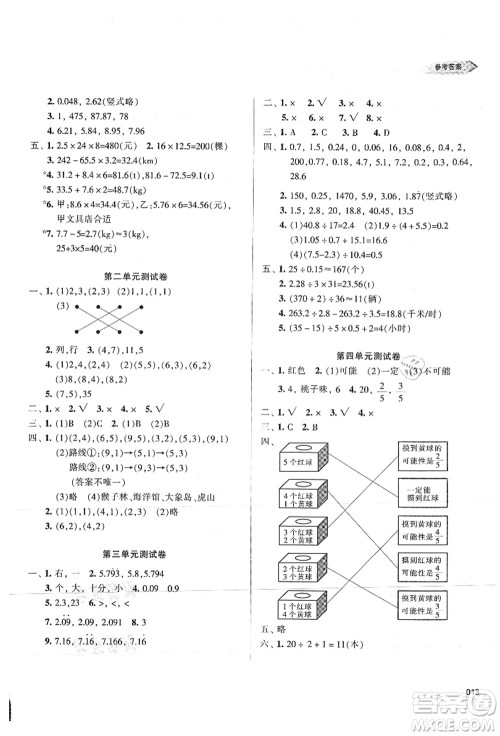 天津教育出版社2021学习质量监测五年级数学上册人教版答案