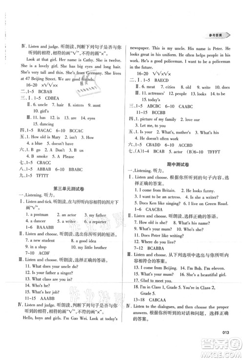 天津教育出版社2021学习质量监测五年级英语上册人教版答案