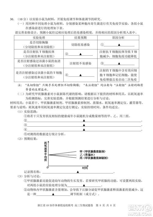 2022届浙江省A9协作体暑假返校联考高三生物试题卷及答案