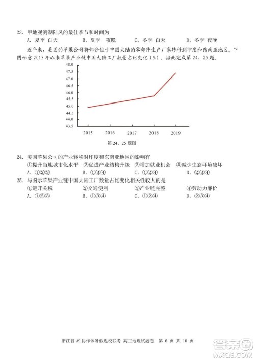 2022届浙江省A9协作体暑假返校联考高三地理试题卷及答案