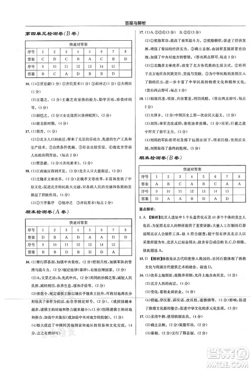 龙门书局2021启东中学作业本七年级历史上册R人教版答案