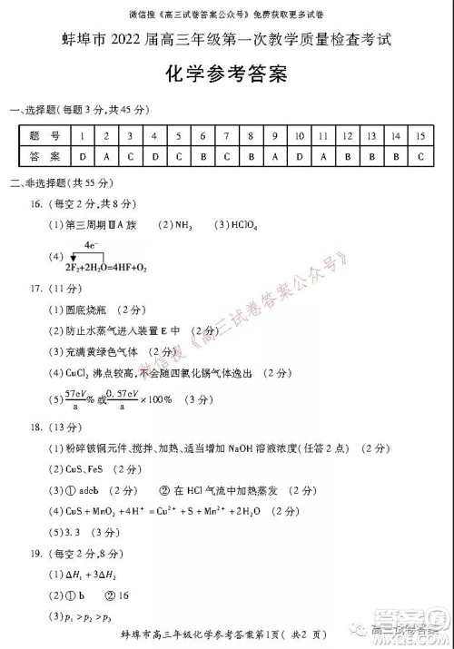 蚌埠市2022届高三年级第一次教学质量检查考试化学试题及答案