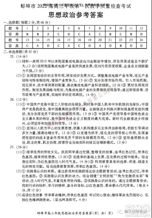 蚌埠市2022届高三年级第一次教学质量检查考试思想政治试题及答案