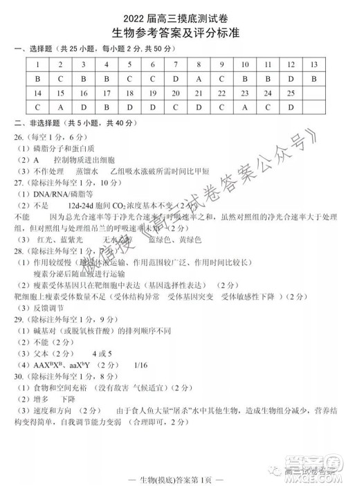 南昌市2022届高三摸底测试卷生物试题及答案 南昌市2022届高三摸底测试卷生物试题及答案