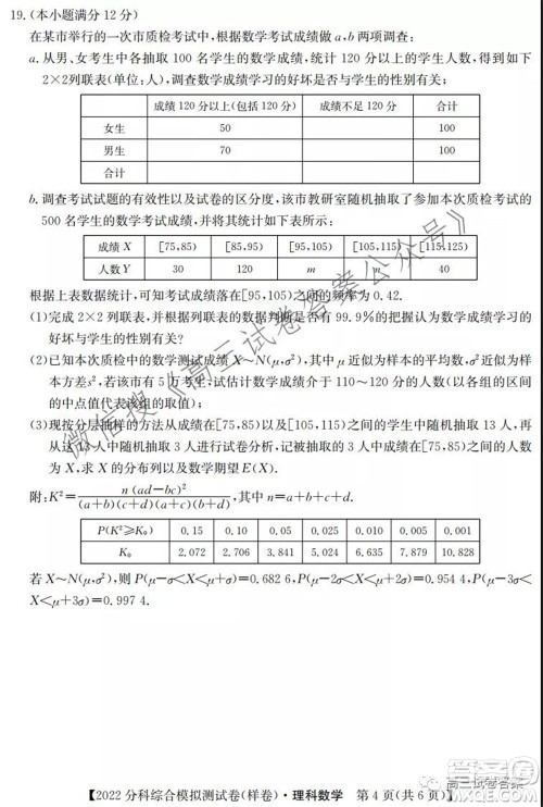 2022届全国高考分科综合模拟测试卷样卷理科数学试题及答案