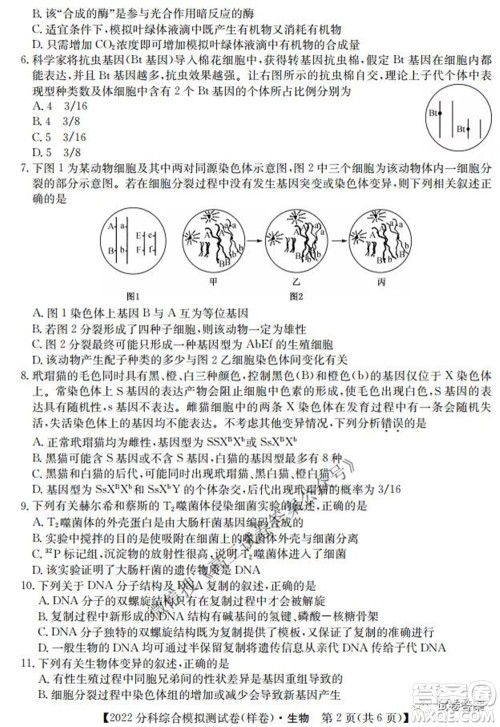 2022届全国高考分科综合模拟测试卷样卷生物试题及答案