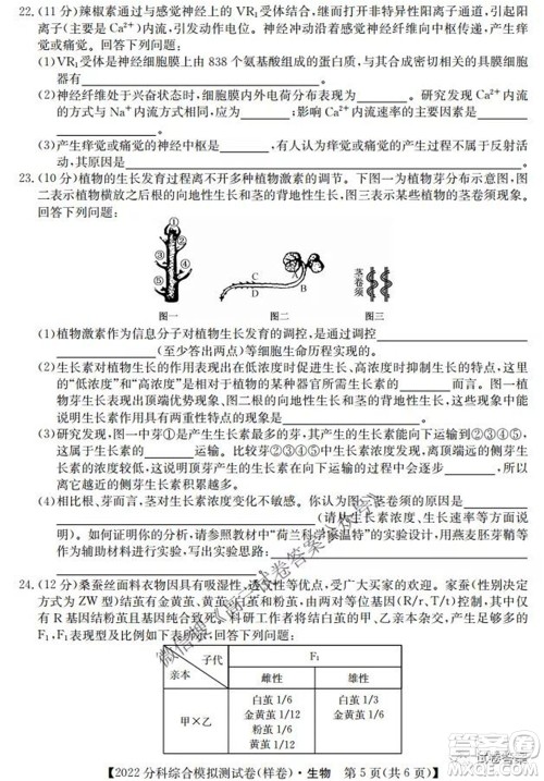 2022届全国高考分科综合模拟测试卷样卷生物试题及答案