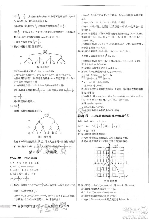 龙门书局2021启东中学作业本九年级数学上册JS江苏版答案