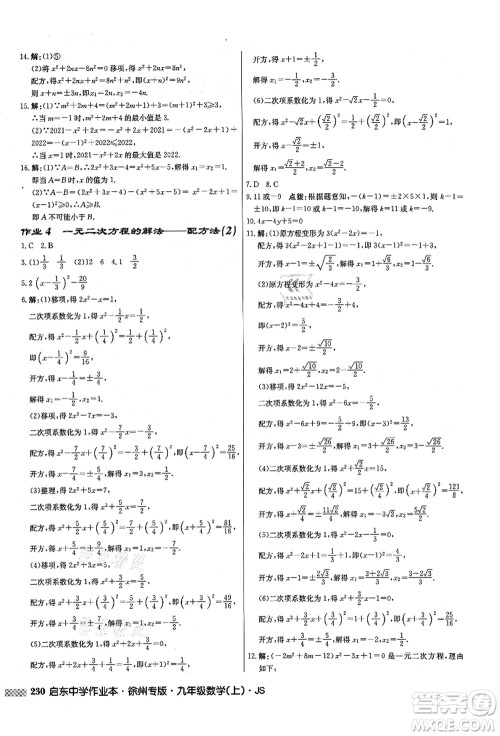 龙门书局2021启东中学作业本九年级数学上册JS江苏版徐州专版答案