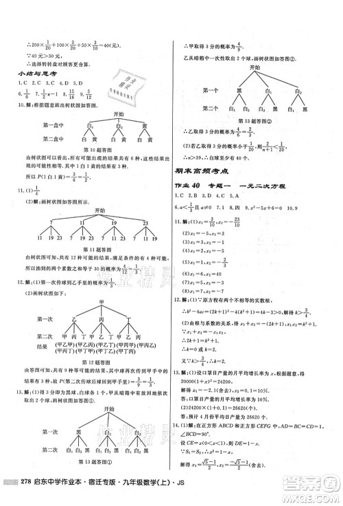 龙门书局2021启东中学作业本九年级数学上册JS江苏版宿迁专版答案