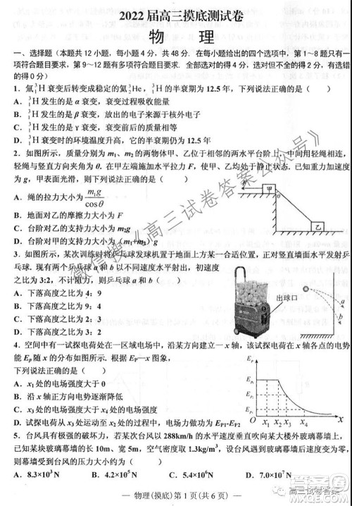 南昌市2022届高三摸底测试卷物理试题及答案