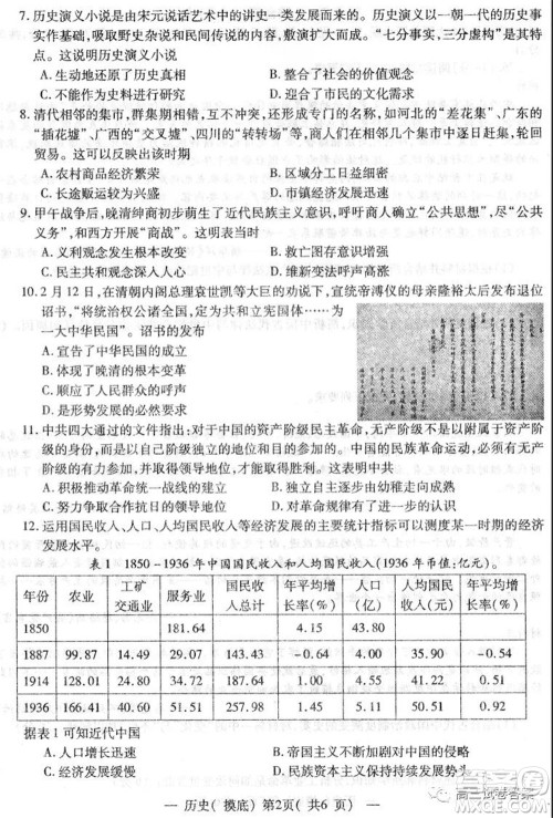 南昌市2022届高三摸底测试卷历史试题及答案