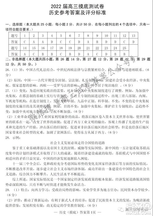 南昌市2022届高三摸底测试卷历史试题及答案 南昌市2022届高三摸底测试卷历史试题及答案