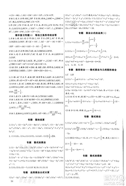 长江少年儿童出版社2021思维新观察培优讲练八年级数学上册人教版答案