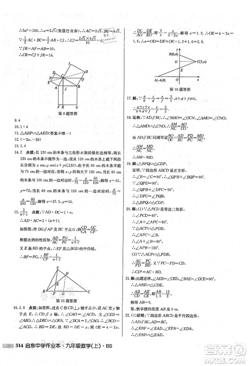 龙门书局2021启东中学作业本九年级数学上册BS北师版答案