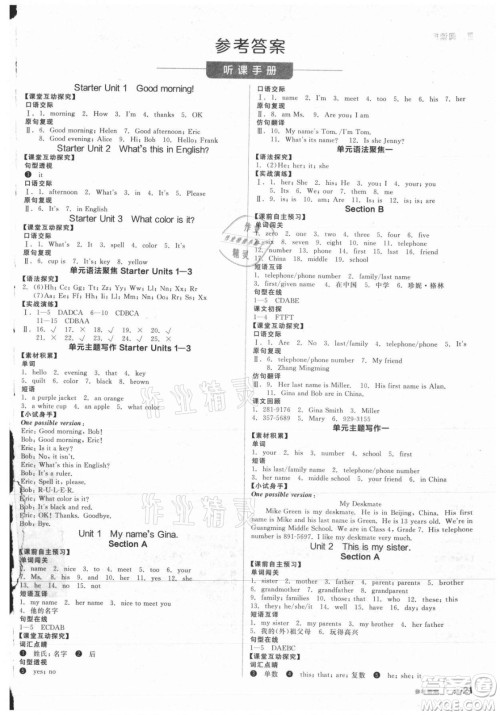 阳光出版社2021全品学练考英语七年级上册RJ人教版答案