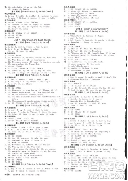 阳光出版社2021全品学练考英语七年级上册RJ人教版答案
