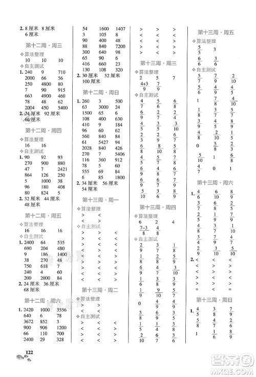 辽宁教育出版社2021小学学霸天天计算三年级数学上册RJ人教版答案