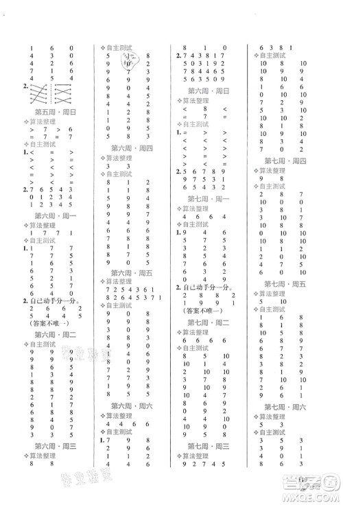 辽宁教育出版社2021小学学霸天天计算一年级数学上册RJ人教版答案