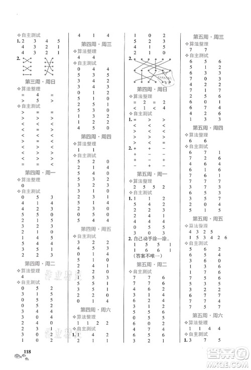 辽宁教育出版社2021小学学霸天天计算一年级数学上册RJ人教版答案