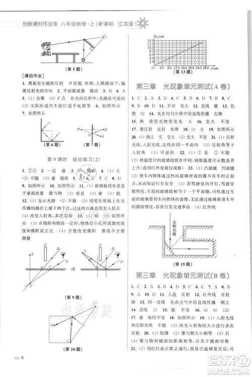 江苏凤凰美术出版社2021创新课时作业本八年级上册物理江苏版参考答案