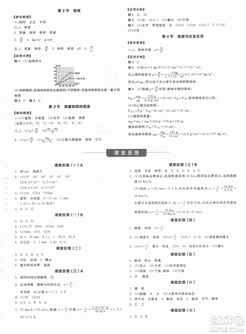 阳光出版社2021全品学练考物理八年级上册RJ人教版答案