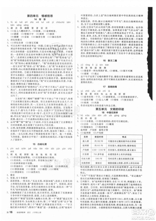 阳光出版社2021全品学练考语文八年级上册RJ人教版答案