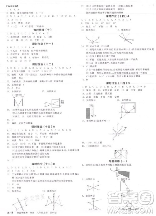 阳光出版社2021全品学练考物理八年级上册SK苏科版答案